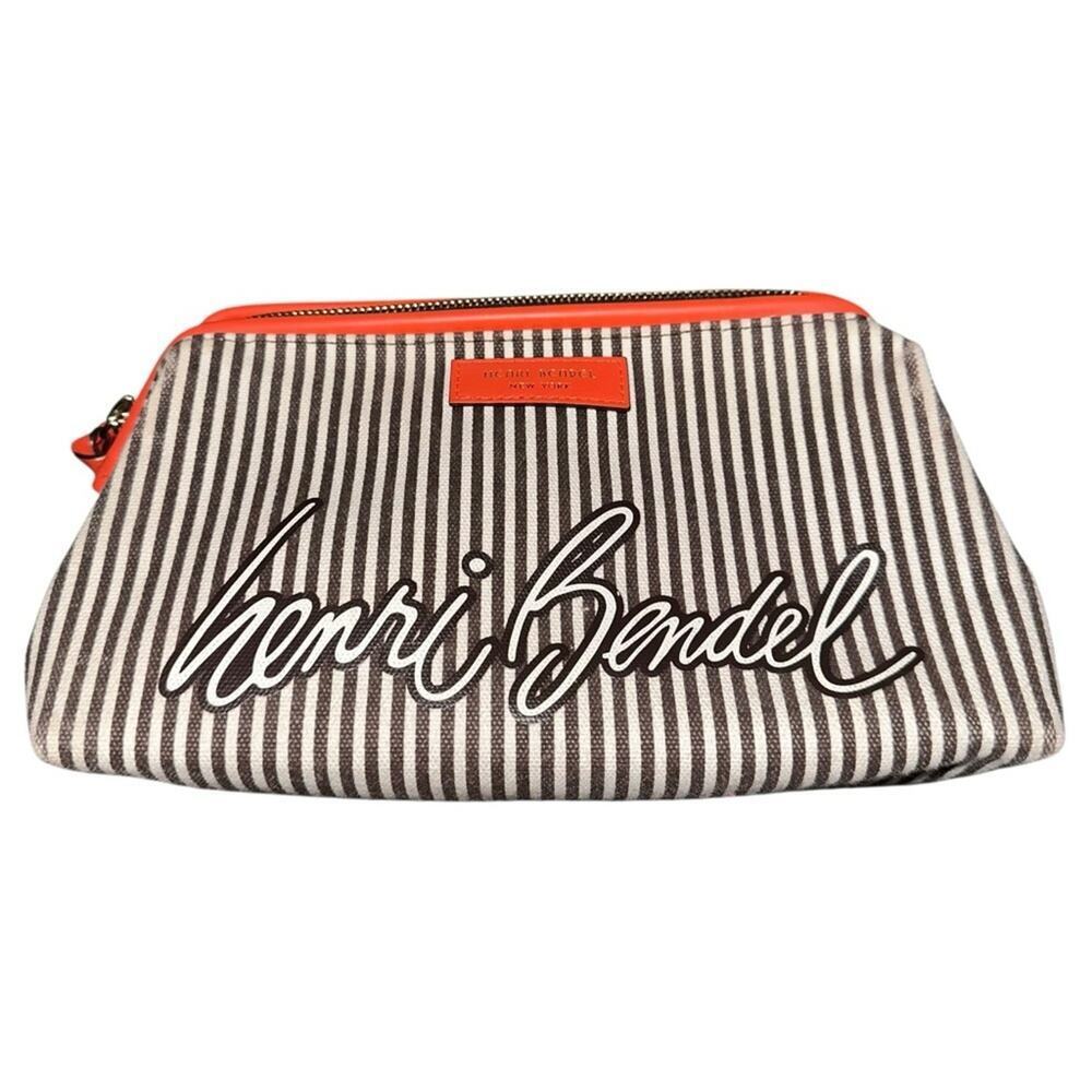 Henri Bendel Large Striped Canvas White Brown Orange Travel Cosmetic Bag Case - Picture 2 of 7